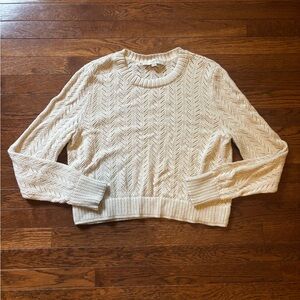 LOFT Cream Cable Knit Eyelet Crew Neck Sweater